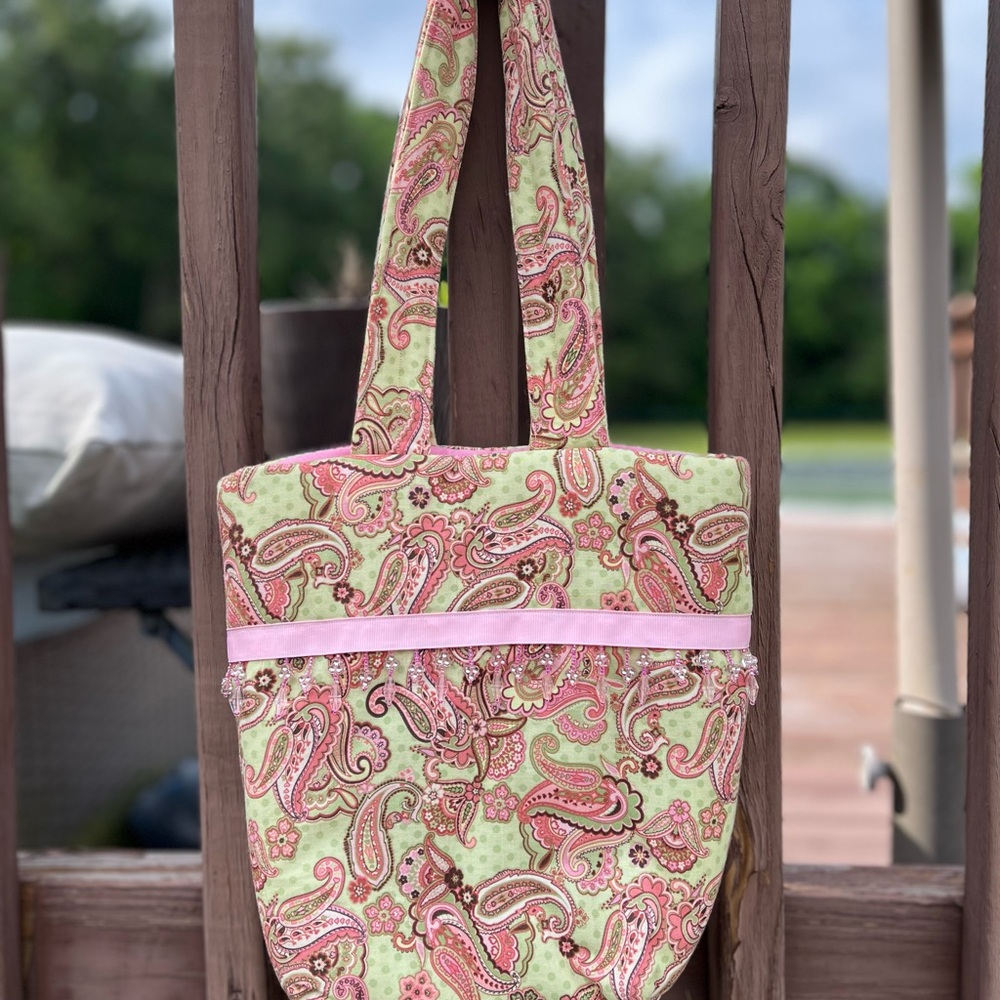 Paisley Pink & Light Green Tote Bag with Ribbon Detail
